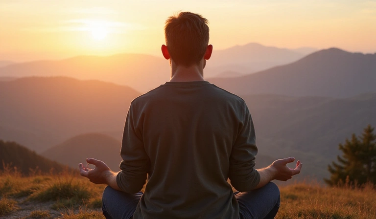 Mężczyzna siedzący w pozycji medytacyjnej na tle spokojnego krajobrazu, symbolizujący holistyczne podejście