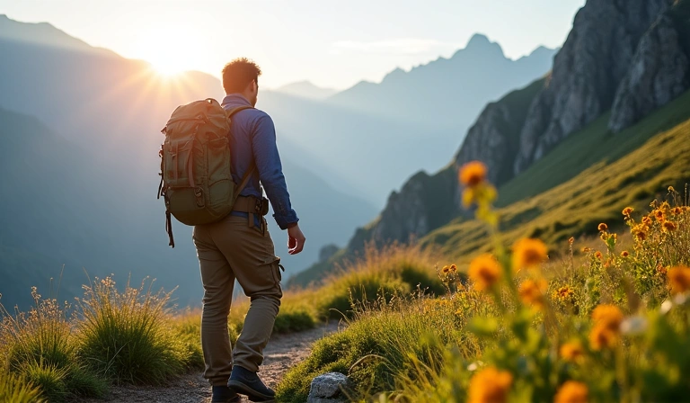 Mężczyzna spacerujący po górskim szlaku, przedstawiający aktywny styl życia