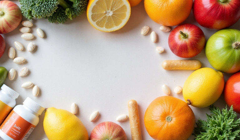 Płaski układ z owocami, warzywami i suplementami, symbolizujący zdrową dietę