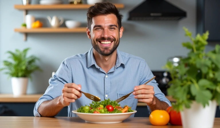 Uśmiechnięty mężczyzna jedzący sałatkę, symbolizujący zdrową dietę