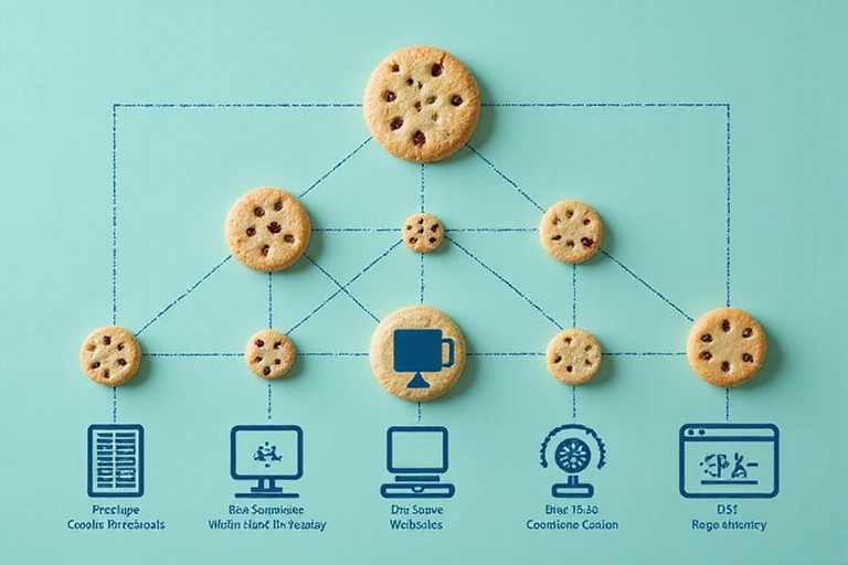 Różne rodzaje plików cookie symbolizowane przez małe ikony ciasteczek i komputerów, pokazujące ich funkcje na stronie.