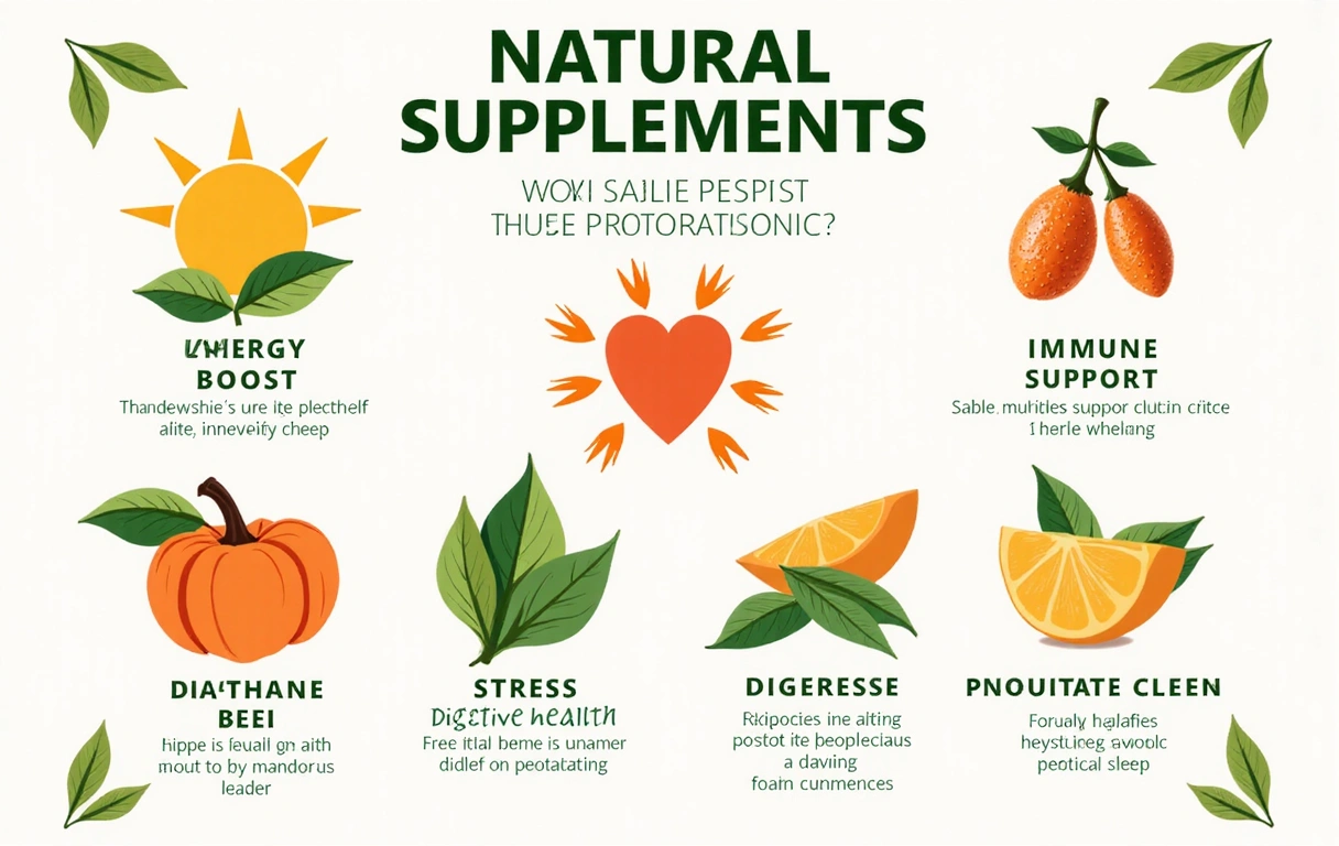 Infografika przedstawiająca korzyści zdrowotne z naturalnych suplementów, z abstrakcyjnymi kształtami i kolorami, bez tekstu.