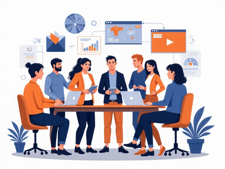 Ilustracja przedstawiająca zgrany zespół pracujący razem nad projektem, symbolizujący współpracę i ekspertyzę.