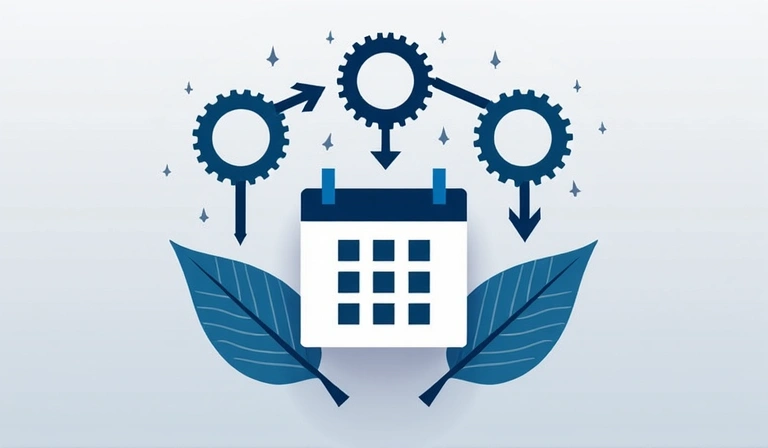 Calendar icon with gears and arrows, symbolizing policy updates and changes over time.