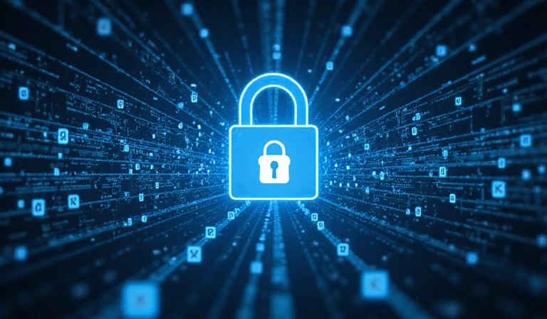 Cybersecurity lock icon with data flowing securely behind it, representing data protection measures.